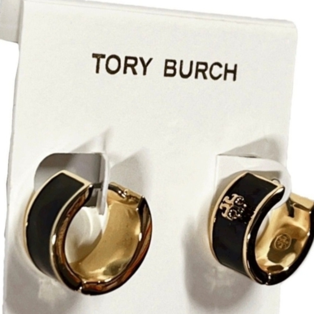 Tory Burch Black and Gold Logo Earrings - Picture 2 of 2
